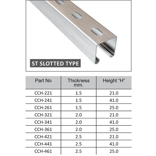 slotted type c-channel with thickness 1.5, 2 and 2.5 mm