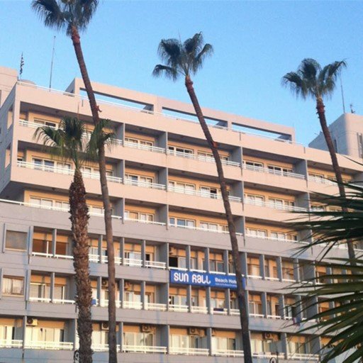 cyprus sun hall hotel with palm trees
