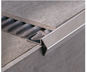 decorative metal stair nosing installed under tile